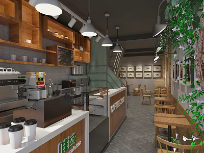 Cozy Café Interior With Wooden Cabinets Coffee Bar Counter Hanging Lights Green Plants And Tables 3d model
