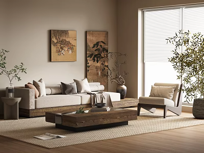 Modern Living Room Sofa And Coffee Table Set With Accent Chair Green Plants And Artwork 3d model