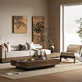 Modern Living Room Sofa And Coffee Table Set With Accent Chair Green Plants And Artwork
