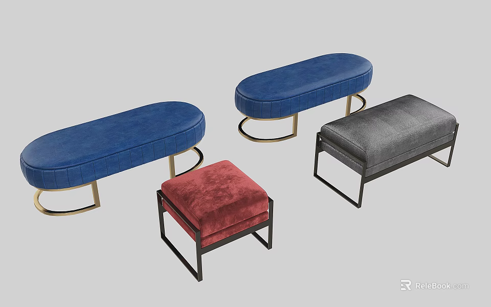 Colorful Velvet Sofa Stools With Gold And Black Metal Legs In Oval And Square Shapes 3d model 