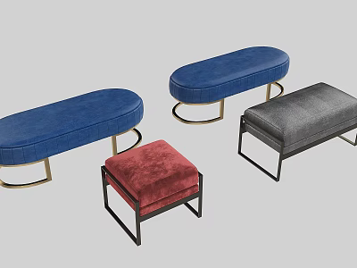 Colorful Velvet Sofa Stools With Gold And Black Metal Legs In Oval And Square Shapes 3d model