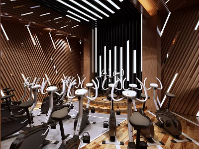 Stylish Fitness Studio Featuring Neatly Arranged Spin Bikes Wooden Walls And Modern Lighting 3d model