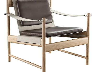 Modern Minimalist Leisure Chair With Wooden Frame Leather Seat And Metal Armrests 3d model