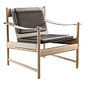Modern Minimalist Leisure Chair With Wooden Frame Leather Seat And Metal Armrests