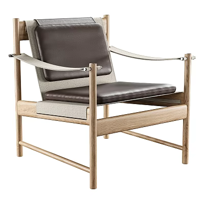 Modern Minimalist Leisure Chair With Wooden Frame Leather Seat And Metal Armrests 3d model