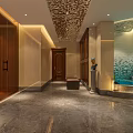 Luxury SPA Sauna Interior With Hot Tub Marble Flooring Wooden Cabinet And Soft Lighting