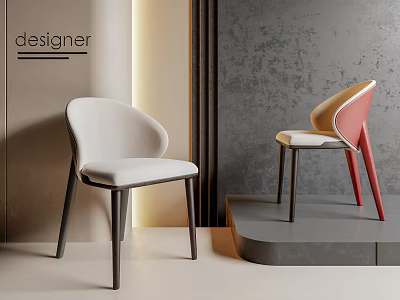Designer Modern Style Dining Chairs With Curved Backrest Light Gray Pink Yellow Wooden Legs 3d model