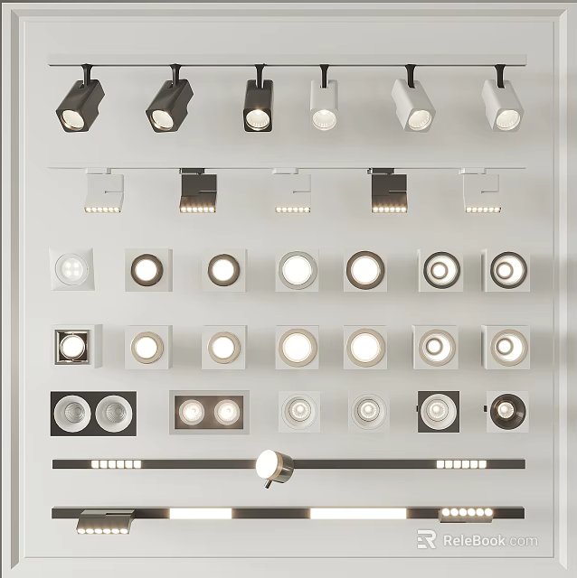 Modern Downlights and Spotlights Collection with Various Design Styles Display on Wall 3d model