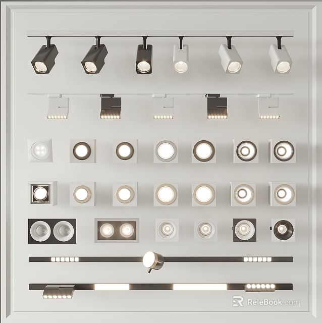 Modern Downlights and Spotlights Collection with Various Design Styles Display on Wall 3d model 