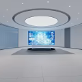 Modern Tech Exhibition Space with Circular Display Platform and Large Screen Showing Digital Graphics 3d model