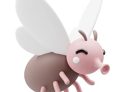Cute Cartoon Flying Insect with Pink Body White Wings Smiling Face and Blush 3d model