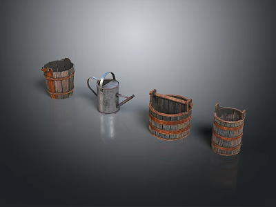 Wooden Striped Buckets and Shiny Metal Watering Can for Household Use 3d model