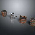 Wooden Striped Buckets and Shiny Metal Watering Can for Household Use