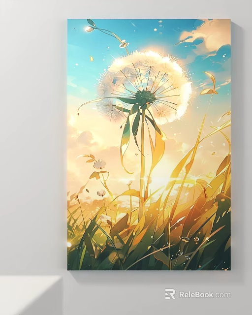 Dandelion In Grass Field With Sunset Sky And Golden Sunlight 3d model 
