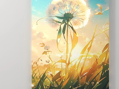 Dandelion In Grass Field With Sunset Sky And Golden Sunlight 3d model