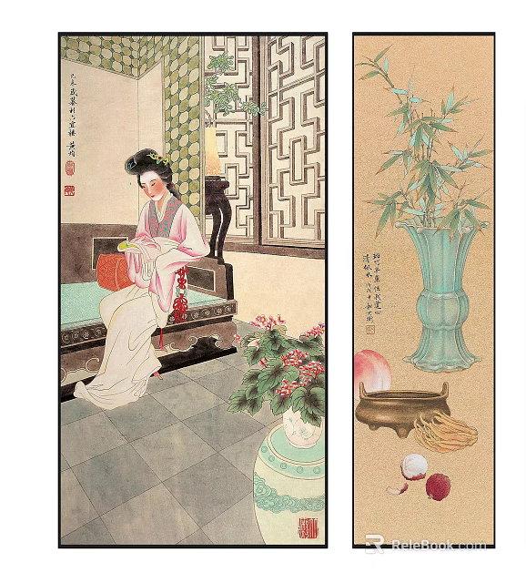 Traditional Chinese Figure Painting of Classical Female in Traditional Attire with Bamboo Vase and Screen 3d model 