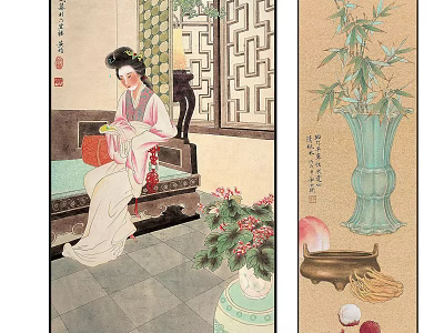 Traditional Chinese Figure Painting of Classical Female in Traditional Attire with Bamboo Vase and Screen 3d model