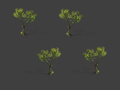 Four Arbor Trees With Green Leaves And Shaped Canopy On Gray Background 3d model