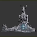 Mystical Skeleton Animal With Horns Blue Red Gradient Wings Feathered Body Holding Blue Glowing Orb