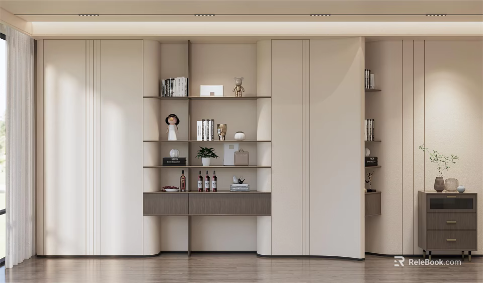 Modern Light Colored Decorative Cabinet With Open Shelves And Ornaments 3d model 