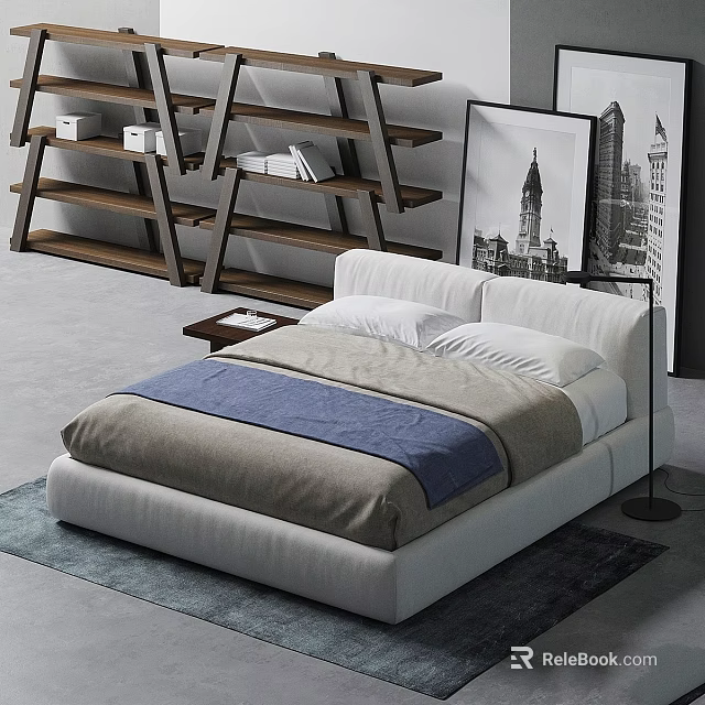 Modern White Upholstered Double Bed With Gray Blue Bedding Side Nightstand And Wooden Shelves 3d model 