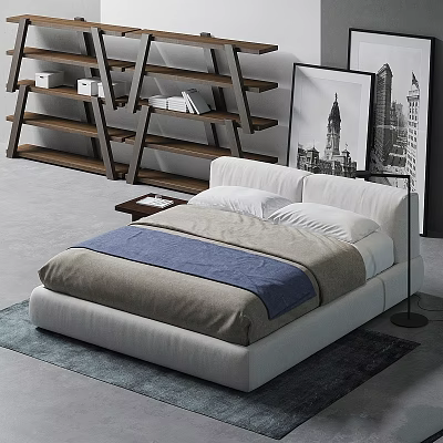 Modern White Upholstered Double Bed With Gray Blue Bedding Side Nightstand And Wooden Shelves 3d model