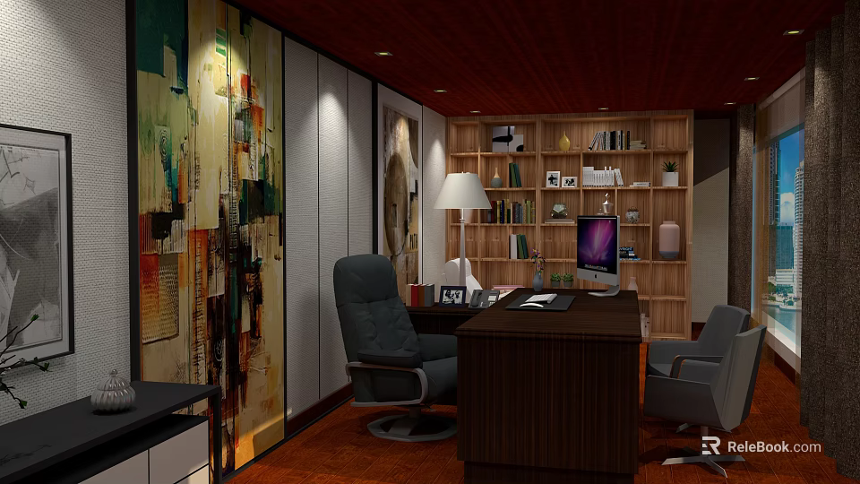 Modern Office Interior With Dark Wooden Desk Gray Chair Bookshelf And Abstract Wall Art 3d model 