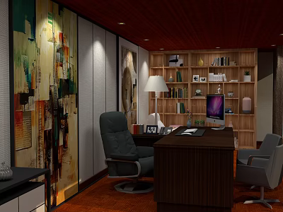 Modern Office Interior With Dark Wooden Desk Gray Chair Bookshelf And Abstract Wall Art 3d model