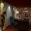 Modern Office Interior With Dark Wooden Desk Gray Chair Bookshelf And Abstract Wall Art