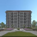 Modern Apartment Building With Lush Greenery Well Maintained Lawn Trees And Purple Flowers