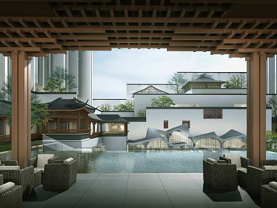 Traditional Modern Sales Office Building With Courtyard Water Feature And Wooden Pergola 3d model