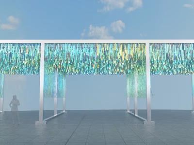 Event Entrance with Colorful Blue Green Hanging Decorations and White Pillars Under Blue Sky 3d model