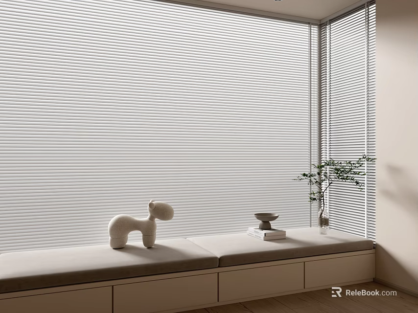 Modern White Venetian Blinds Covering Window with Window Sill Dog Figurine Books and Green Plant 3d model 
