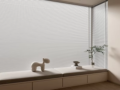 Modern White Venetian Blinds Covering Window with Window Sill Dog Figurine Books and Green Plant 3d model