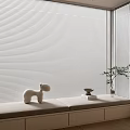 Modern White Venetian Blinds Covering Window with Window Sill Dog Figurine Books and Green Plant