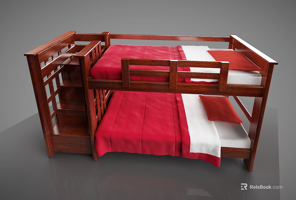 Wooden Bunk Bed With Red Mattress White Sheets Ladder And Bookshelf Design 3d model 
