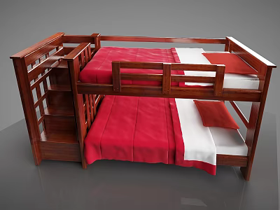 Wooden Bunk Bed With Red Mattress White Sheets Ladder And Bookshelf Design 3d model