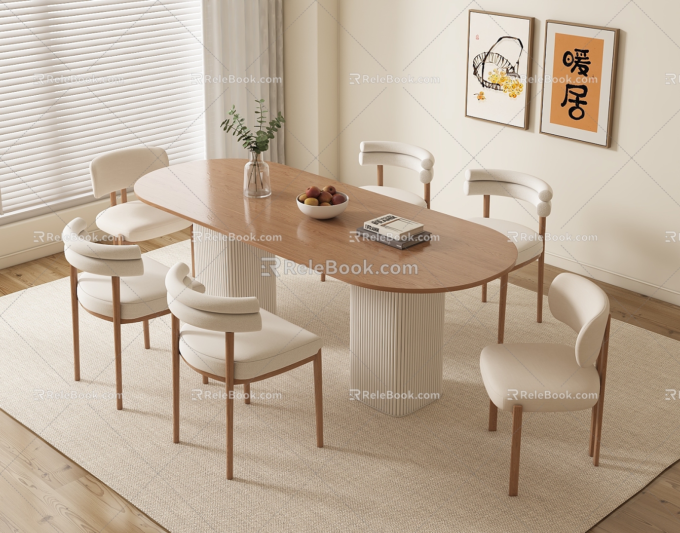 Modern Cream Style Solid Wood Dining Table and Chair Combination Fabric Backrest Dining Chair Vase Potted Plant Decorative Painting Carpet Shutters 3d model