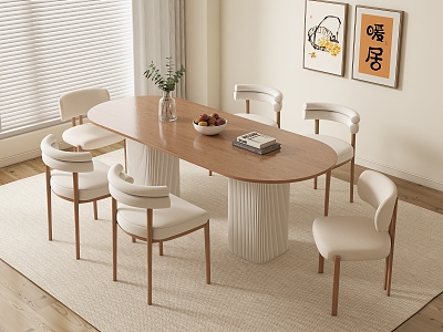 Modern Cream Style Solid Wood Dining Table and Chair Combination Fabric Backrest Dining Chair Vase Potted Plant Decorative Painting Carpet Shutters 3d model