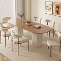 Modern Cream Style Solid Wood Dining Table and Chair Combination Fabric Backrest Dining Chair Vase Potted Plant Decorative Painting Carpet Shutters 3d model