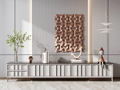 Modern White TV Stand With Decorative Ornaments And Geometric Wall Art In Minimalist Living Room 3d model