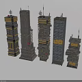 Detailed High-rise Building Models With Various Designs Antennas And Yellow Decorations
