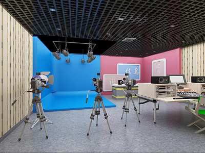 Professional Studio Setup With Blue Pink Walls Black Grid Ceiling Multiple Lights And Tripod Cameras 3d model