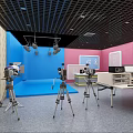 Professional Studio Setup With Blue Pink Walls Black Grid Ceiling Multiple Lights And Tripod Cameras 3d model
