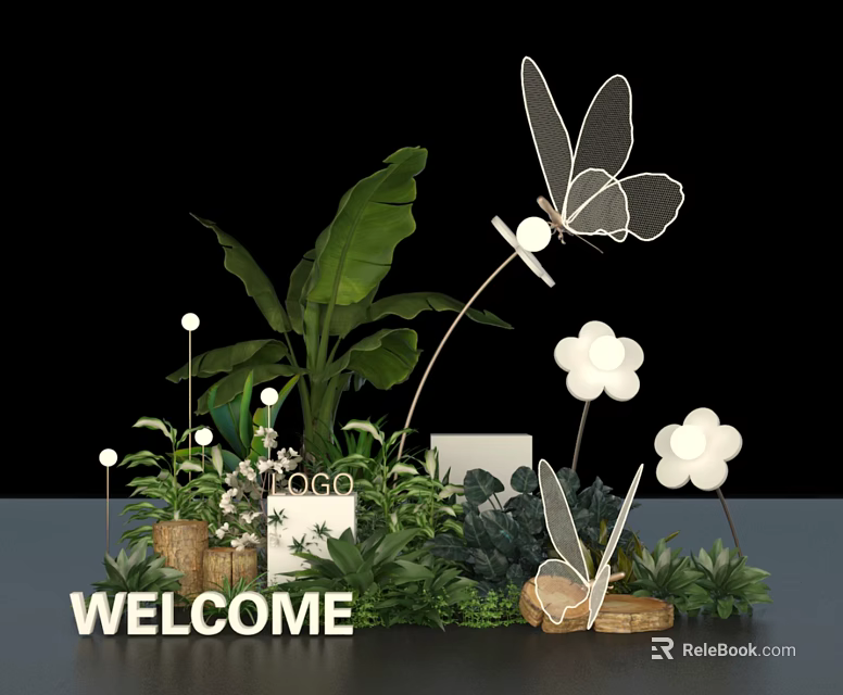 Garden Decor With Butterfly Shaped Accents White Flowers Green Plants And Welcome Sign 3d model 