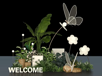 Garden Decor With Butterfly Shaped Accents White Flowers Green Plants And Welcome Sign 3d model