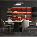 Modern Dining Room Interior Round Table Chairs Hanging Pendant Light Wine Rack Red Lighting Circular Rug Plant
