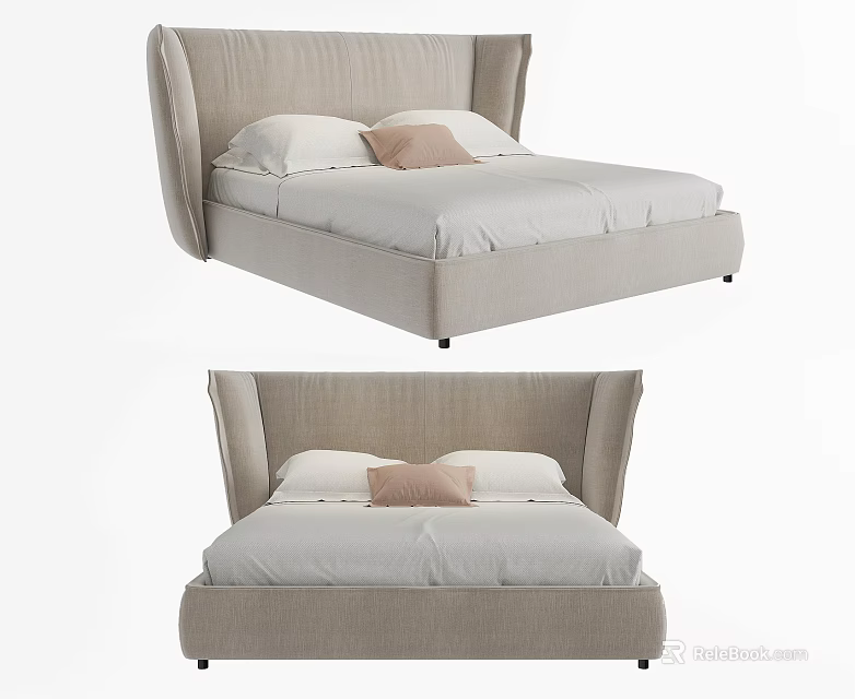 Modern Upholstered Double Bed With High Backrest And White Bedding Decorative Pillows 3d model