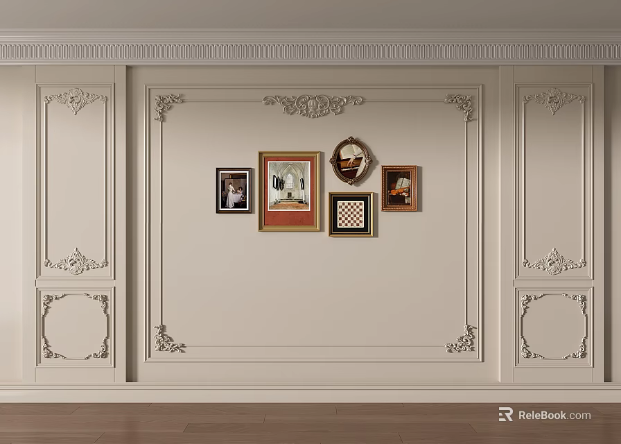 Elegant Sofa Background Wall With White Decorative Panelings And Framed Artworks Gallery 3d model