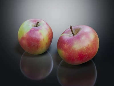 Two red and green apples with shiny reflections on black background surface 3d model